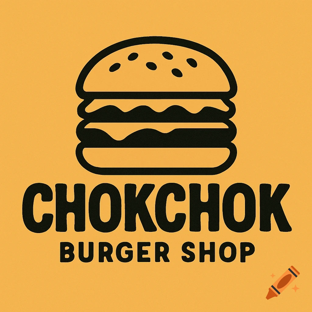 Black burger logo and text 'CHOKCHOK BURGER SHOP' on orange background.