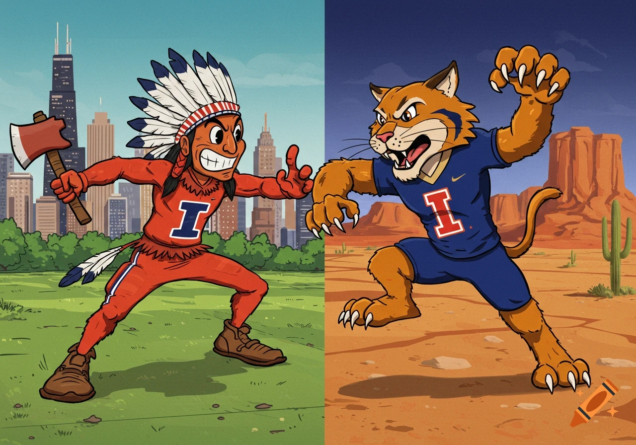 Cartoon mascots representing Illinois and Arizona face off in different landscapes.