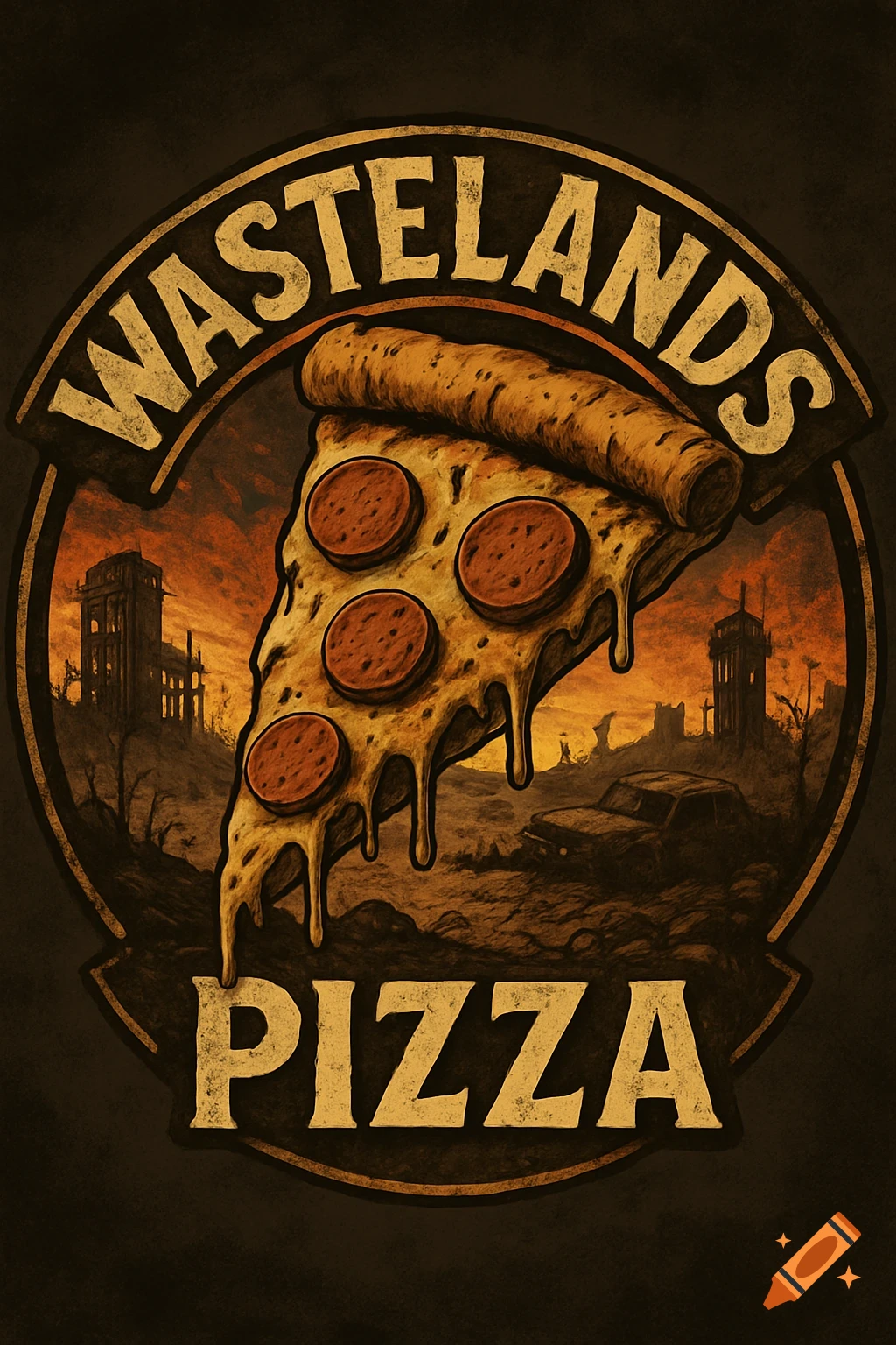 Logo of a pizza slice over a post-apocalyptic wasteland scene.