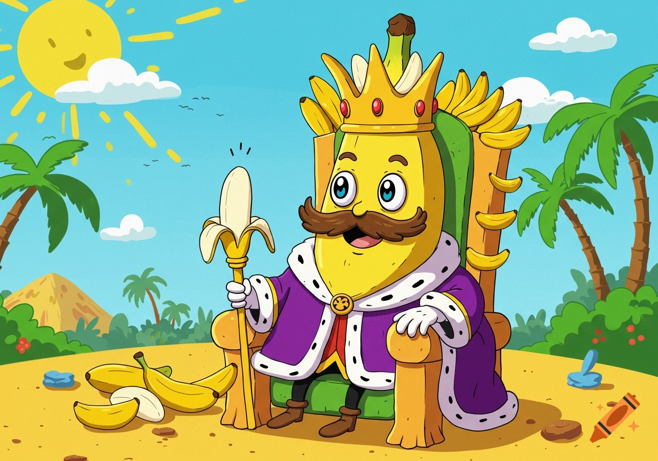 A cartoon banana character king sits on a throne on a tropical beach, holding a peeled banana scepter.