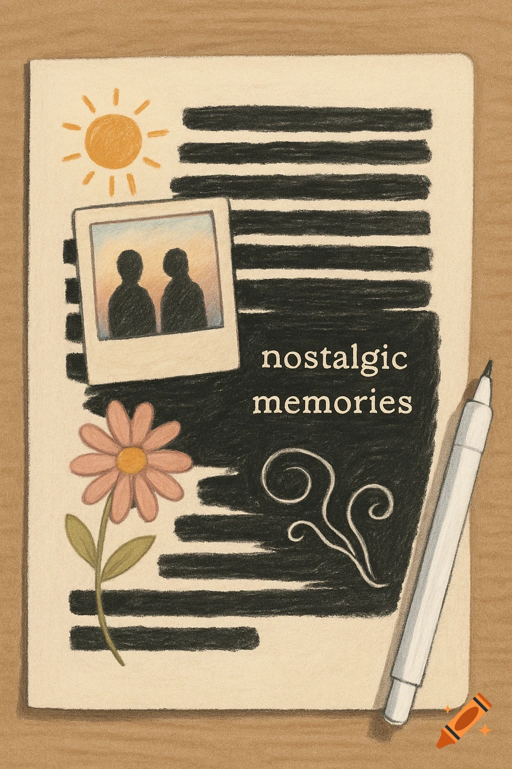 Drawing of a journal page with a polaroid photo of two figures, a pink flower, and the text 'nostalgic memories'.