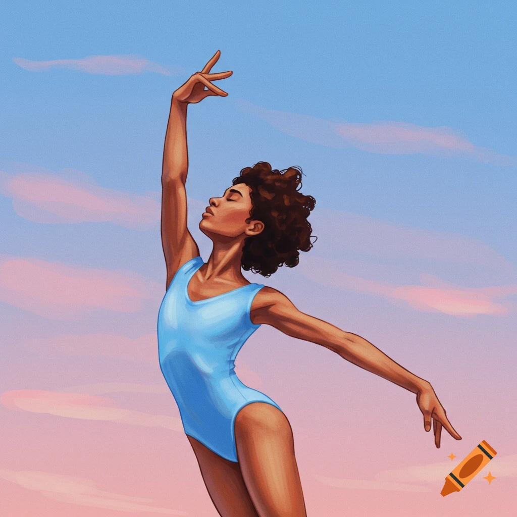 Illustration of a gymnast posing against a sky background.