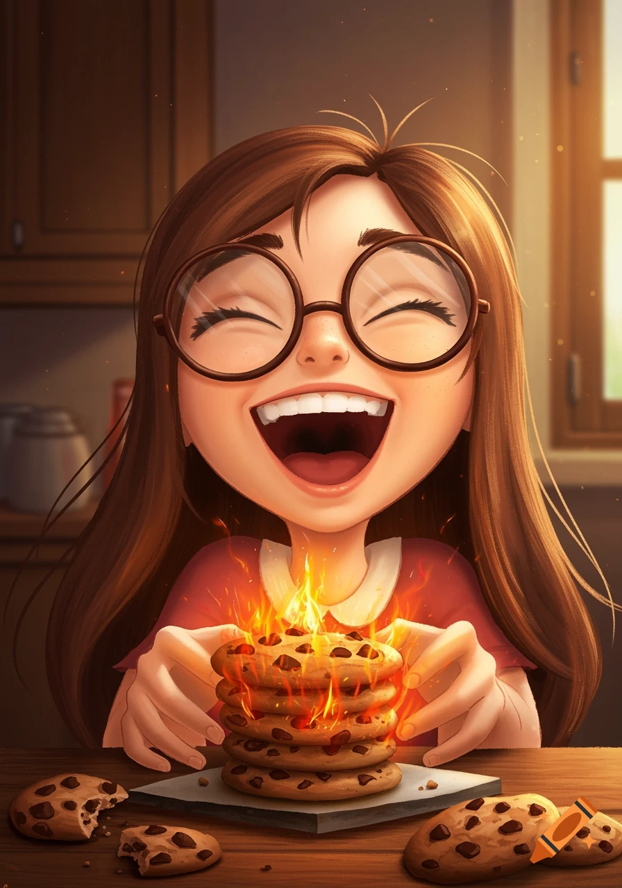 Illustration of a laughing girl with glasses holding a stack of burning cookies.