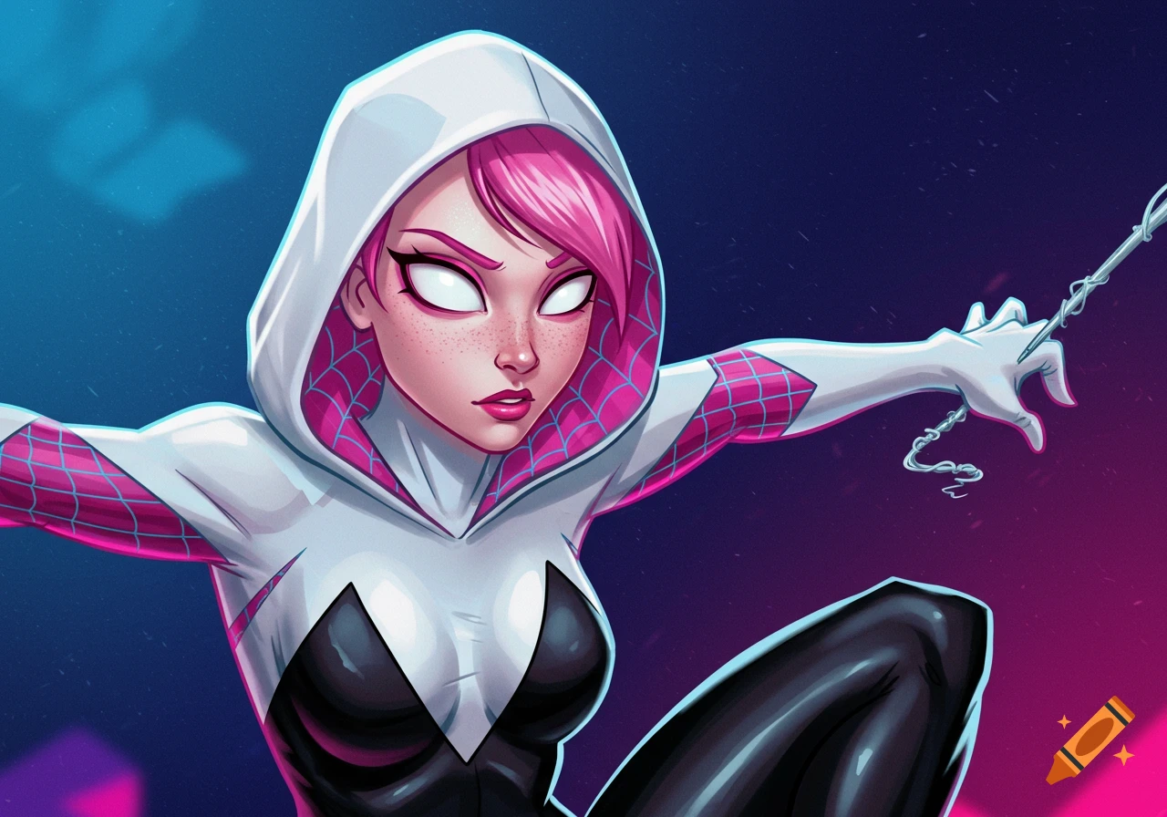 Spider-Gwen in hooded costume, swinging a web