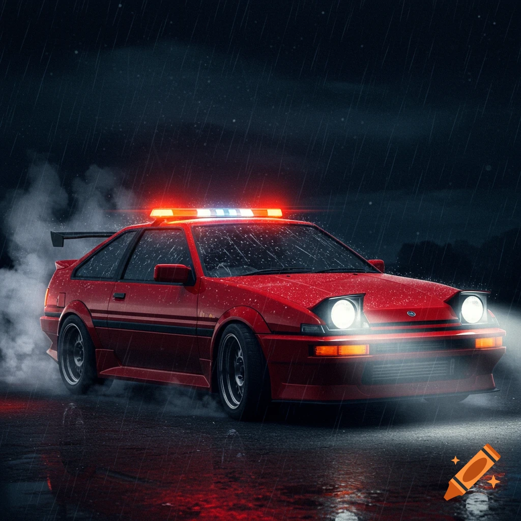 A red sports car with red and blue lights on the roof sits in the rain at night.