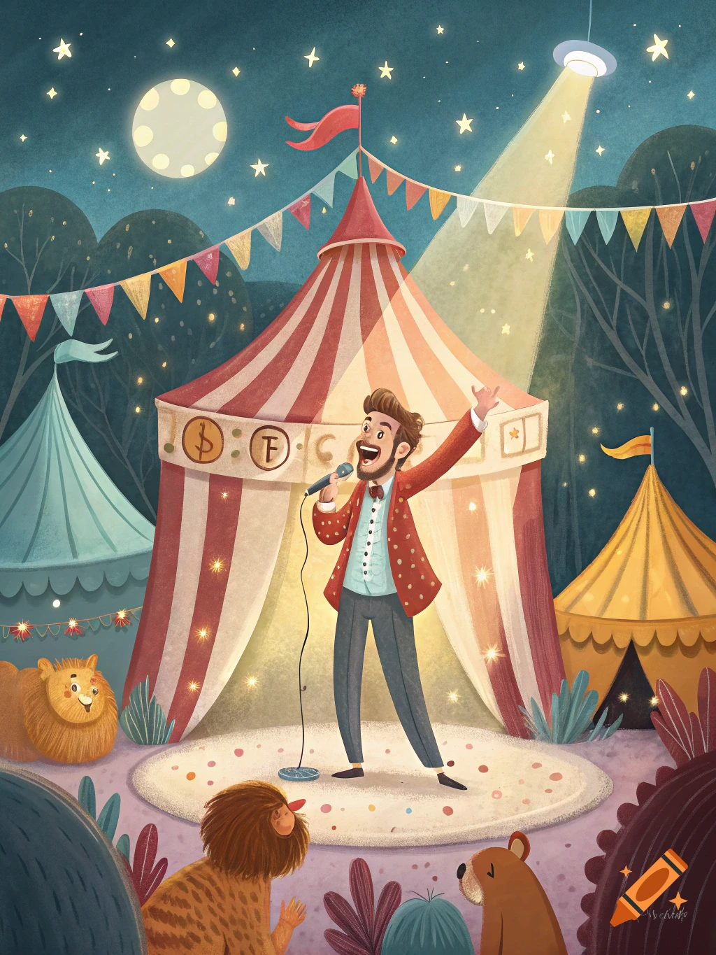 Stylized illustration: a man sings on stage in a circus tent at night, with cartoon animals in the foreground.