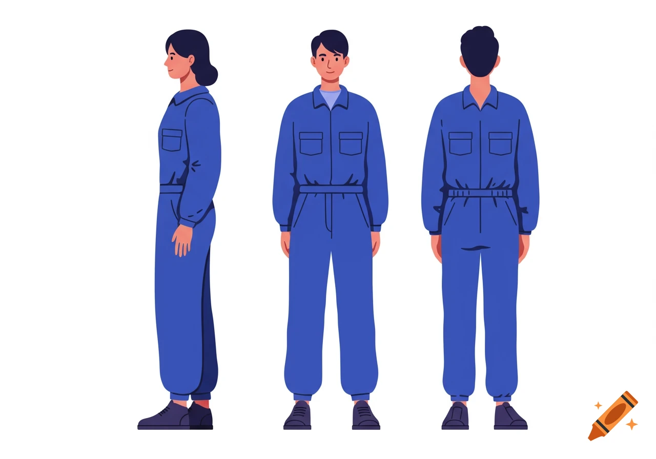 Illustration of three people in blue jumpsuits seen from side, front, and back.