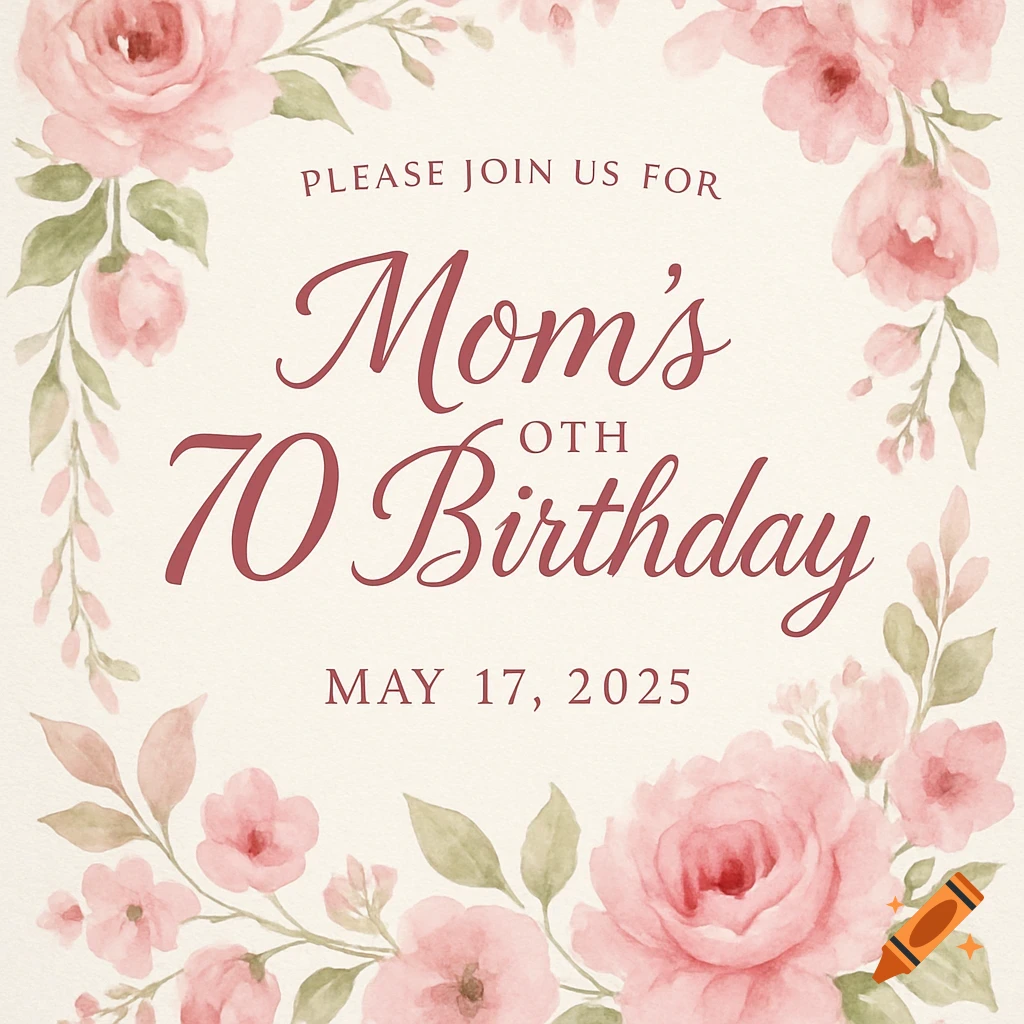 Pink watercolor flowers frame text for a Mom's 70th Birthday invitation.