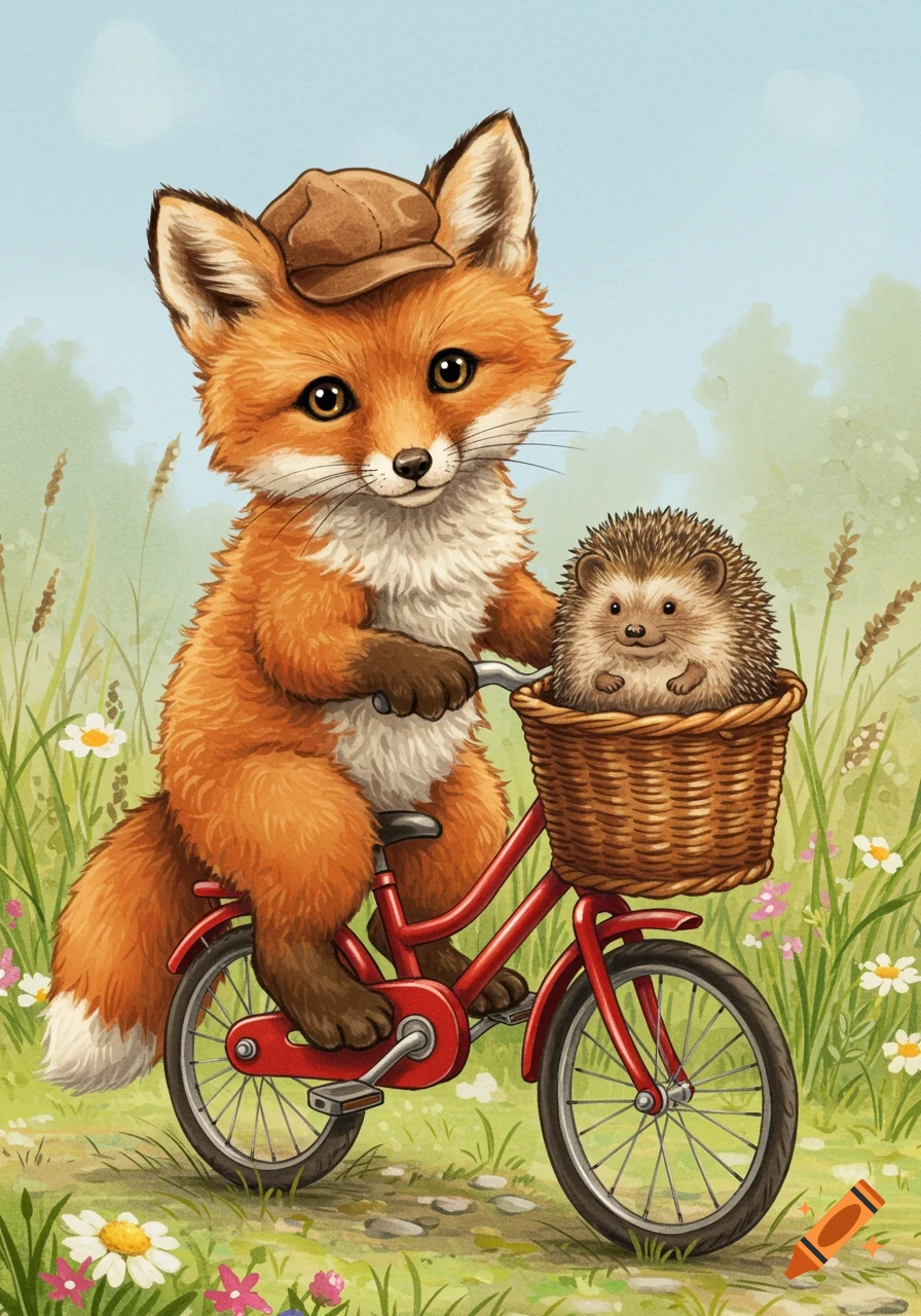An illustration of a fox wearing a cap riding a red bicycle with a hedgehog in the front basket.