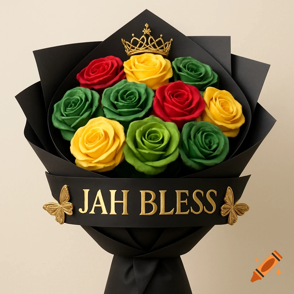 A bouquet of red, yellow, and green roses in black paper with gold crown, butterflies, and 'JAH BLESS' text.