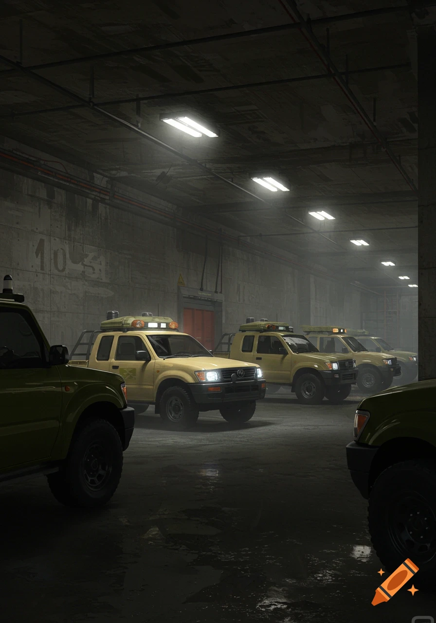 Several yellow pickup trucks parked in a dark concrete underground bunker.