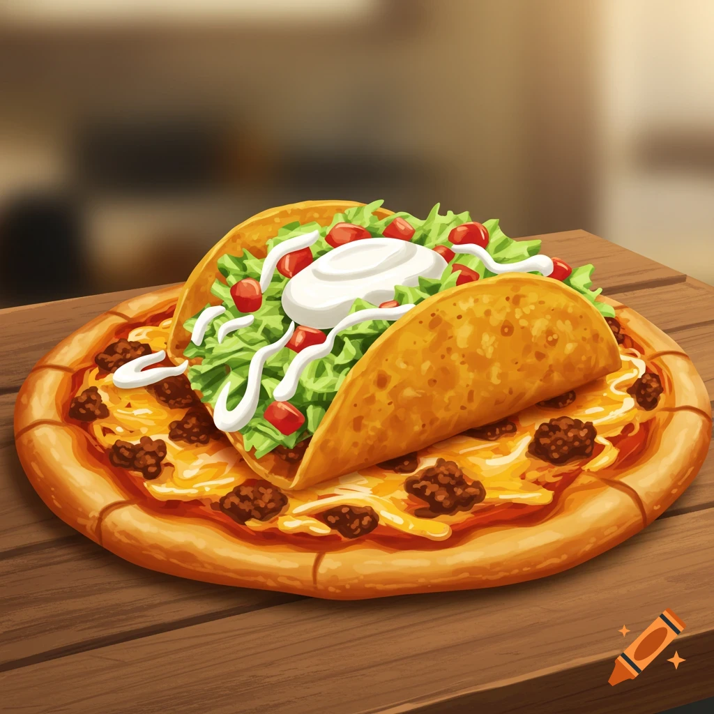 A taco sits on top of a pizza with meat and cheese. Stylized illustration of food.