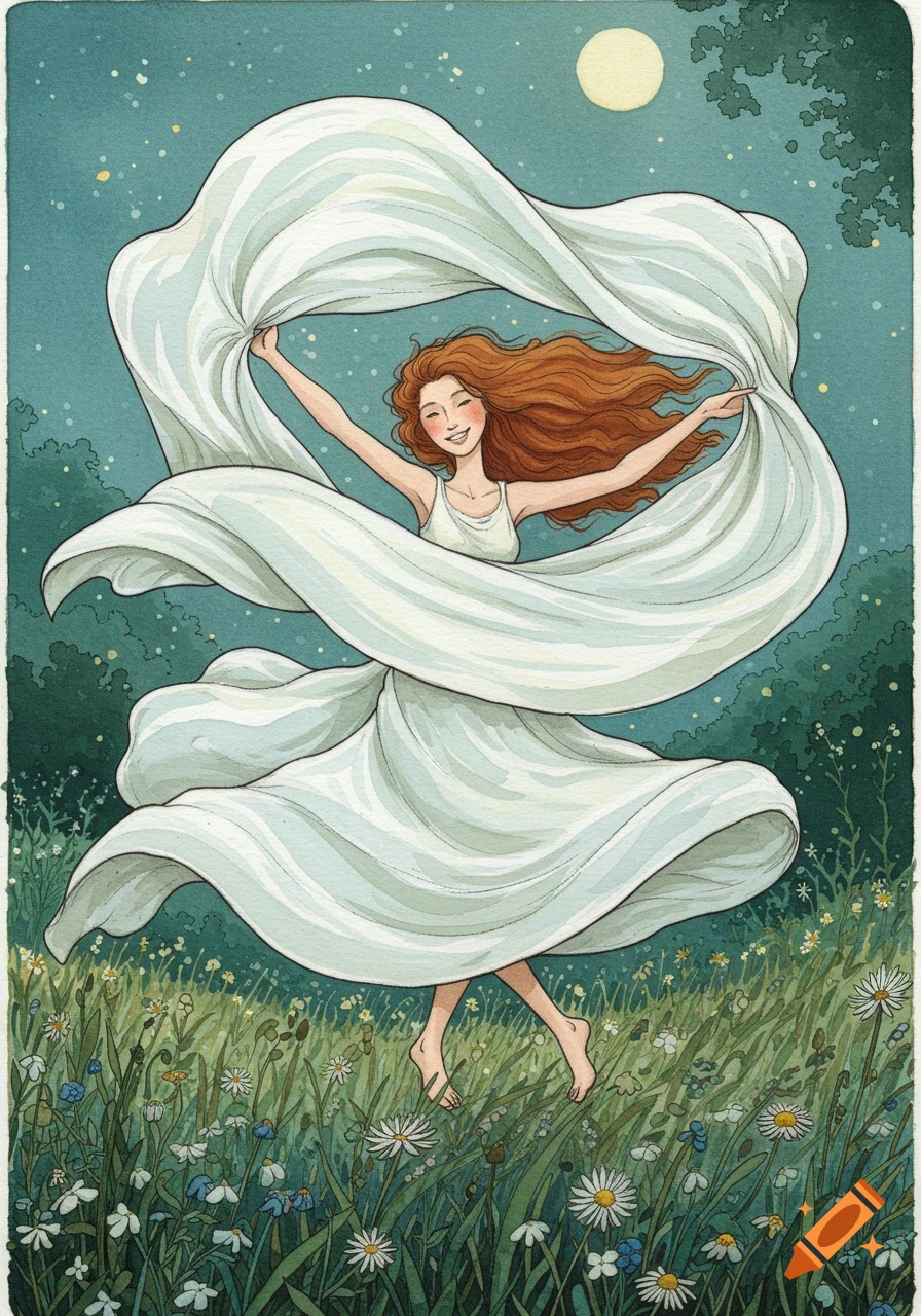 Watercolor illustration of a woman dancing in a field at night, holding a large white sheet billowing around her.