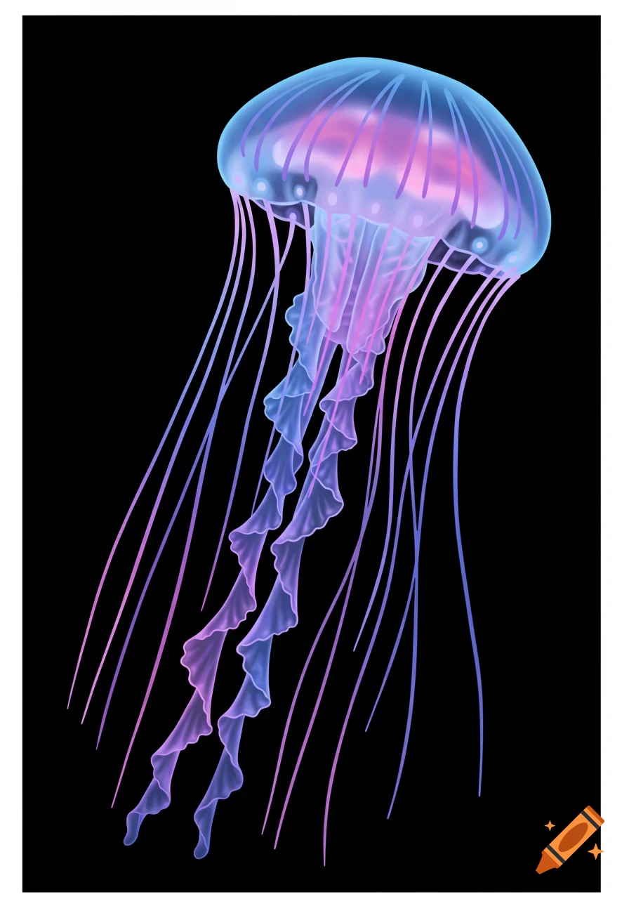 A glowing blue and pink jellyfish with tentacles on a black background, illustration style.