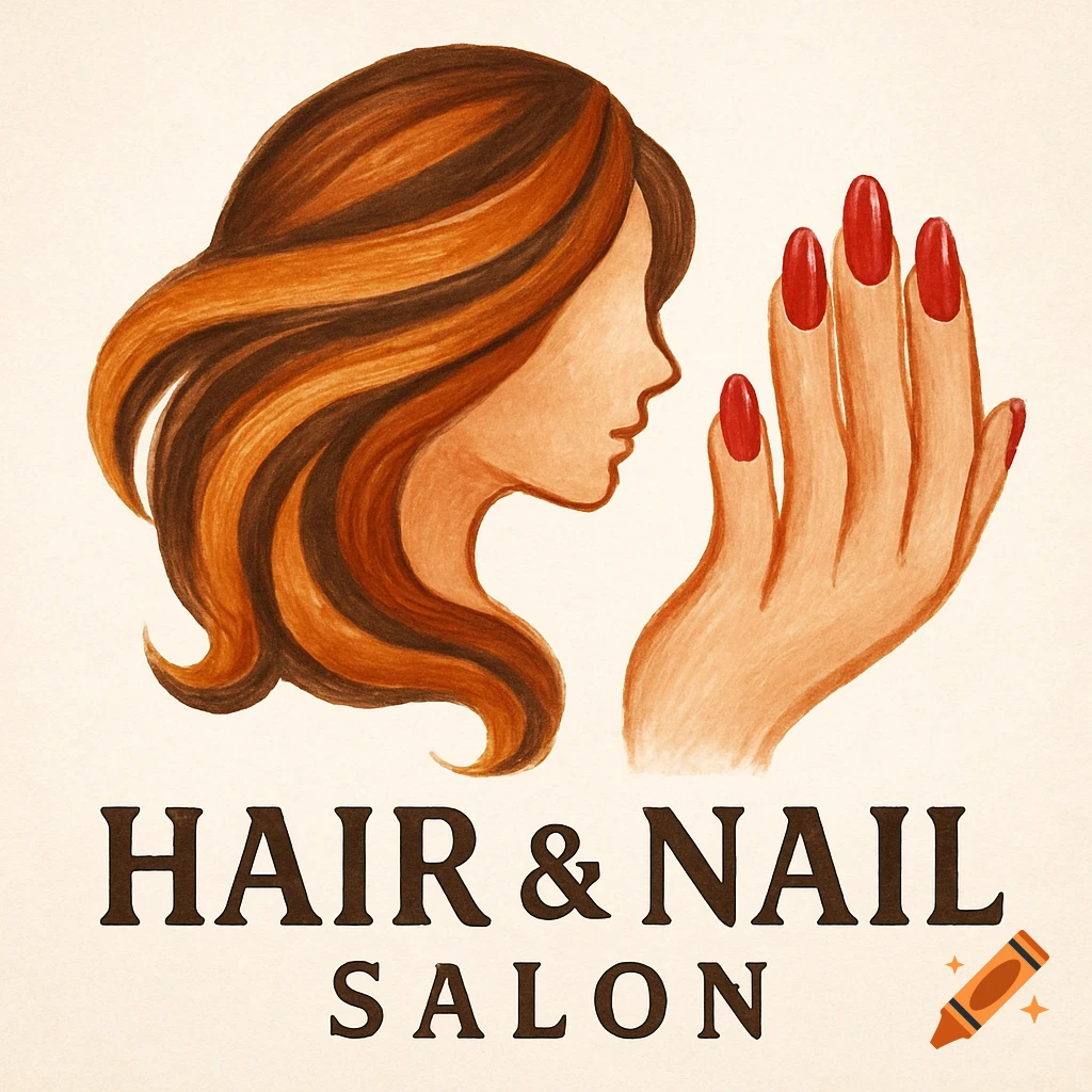 Illustration logo for Hair & Nail Salon with woman's profile and hand with red nails.