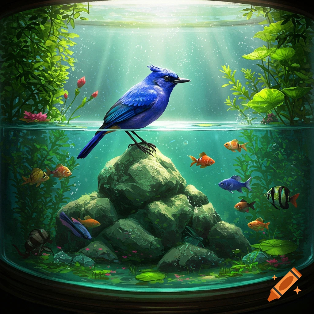 A bright blue bird perches on a rock above water in a fish tank filled with colorful fish and green plants, in an illustrative style.