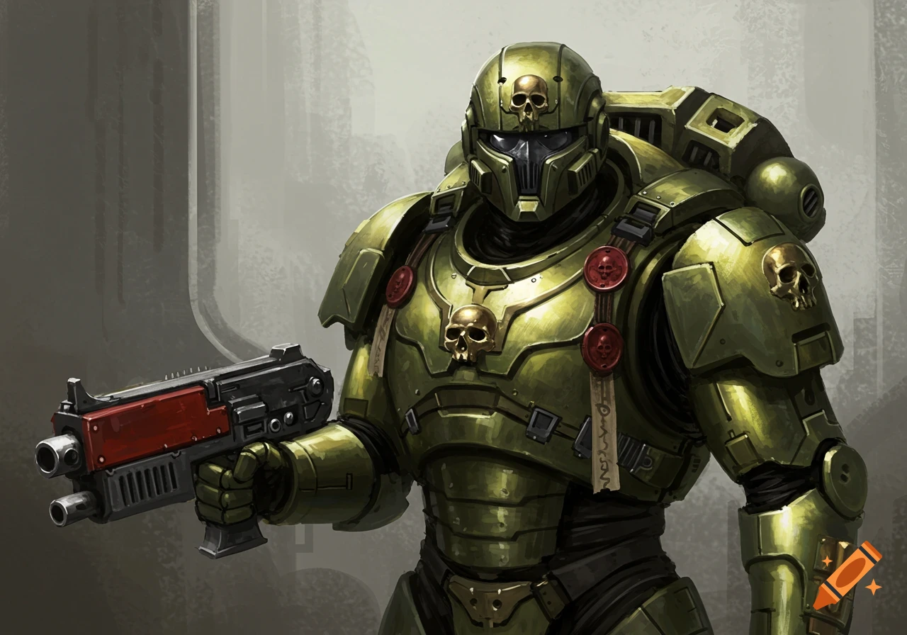 Illustration of a futuristic soldier in green armor with skulls holding a gun.