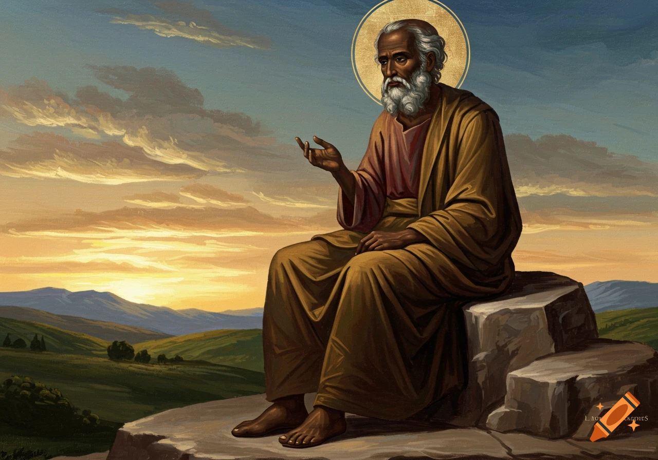 Painting of a bearded man with a halo sitting on a rock at sunset.