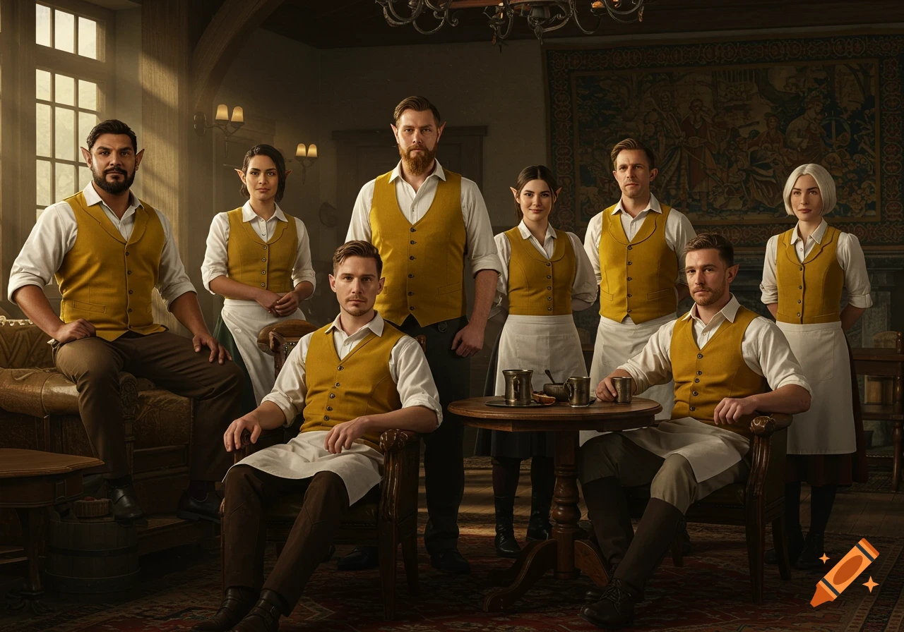 Photorealistic group portrait of fantasy inn staff.