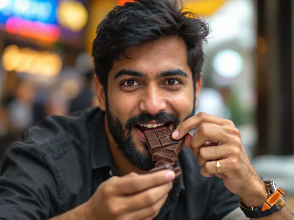 Close-up photo of a smiling man eating a piece of chocolate.