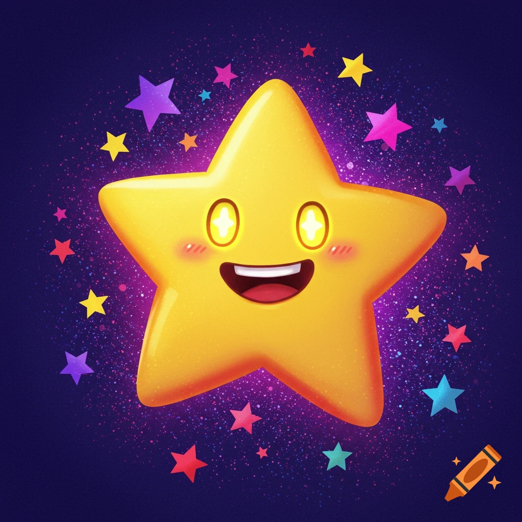 A happy yellow cartoon star surrounded by colorful stars and sparkles on a dark blue background