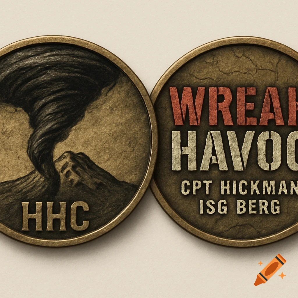 Two antique brass military challenge coins, one with a tornado and 'HHC', the other with 'WREAK HAVOC' and names.