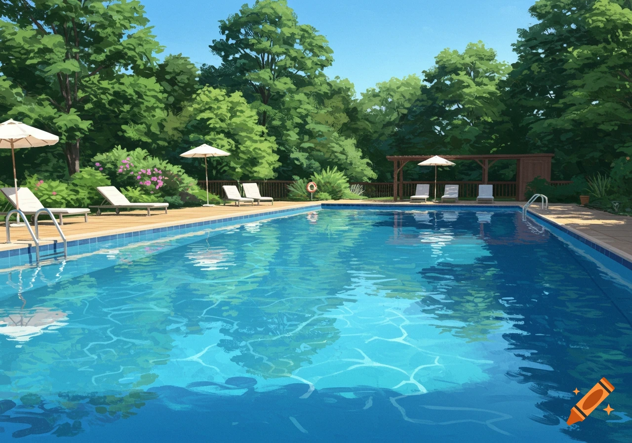 An illustration of a swimming pool area with lounge chairs, umbrellas, trees, and bushes.