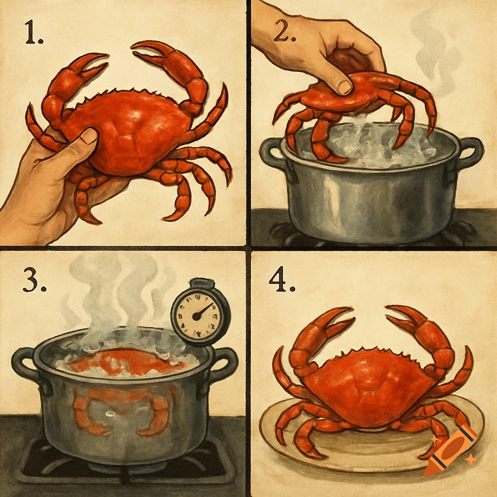 Step-by-step watercolor illustration showing how to cook a crab: holding crab, placing in pot, boiling, cooked crab on plate.