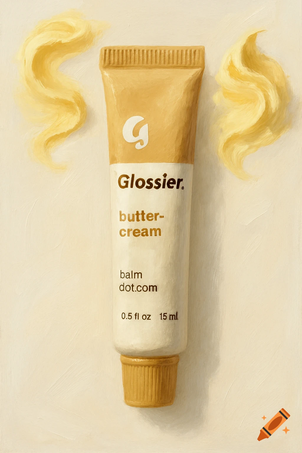 Painterly image of a tube of Glossier Balm Dot Com in buttercream flavor on a white background.