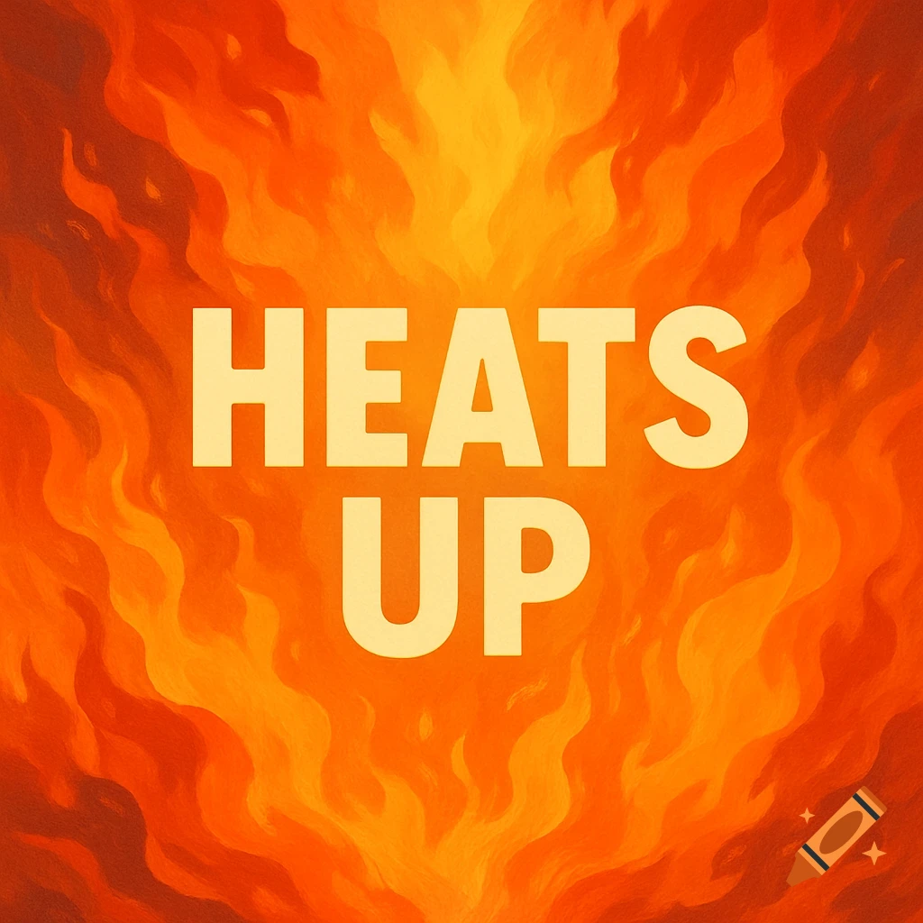 Text 'HEATS UP' on a stylized orange and yellow flame background.