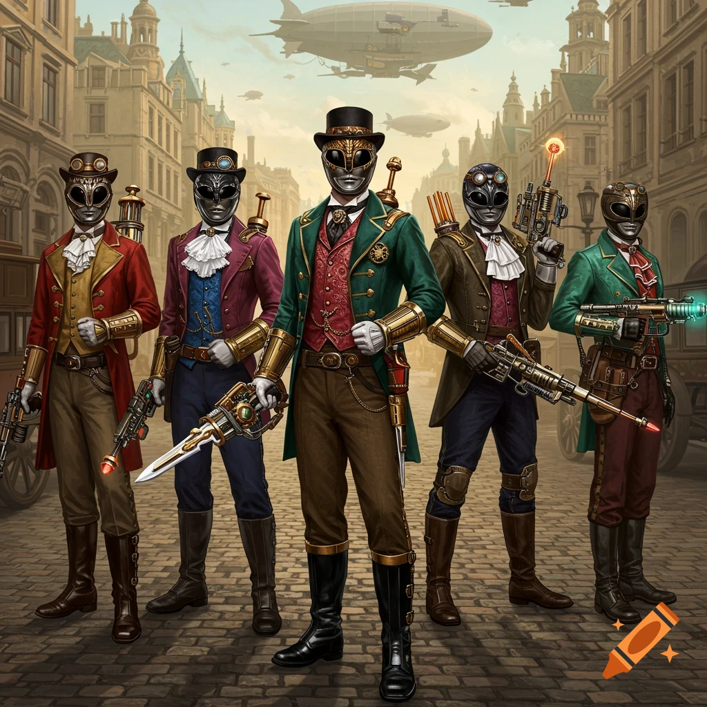 Group of five figures in steampunk masks and Victorian outfits with weapons on a city street with airships above.
