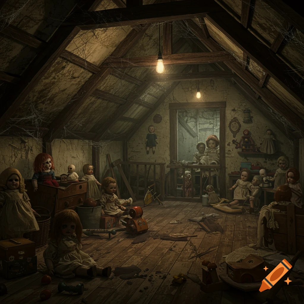 A dusty, dark attic room filled with many creepy old dolls scattered on the floor and shelves.