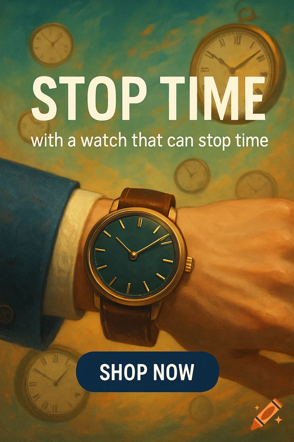 A hand wearing a watch with text "STOP TIME" and clocks in a painted style.