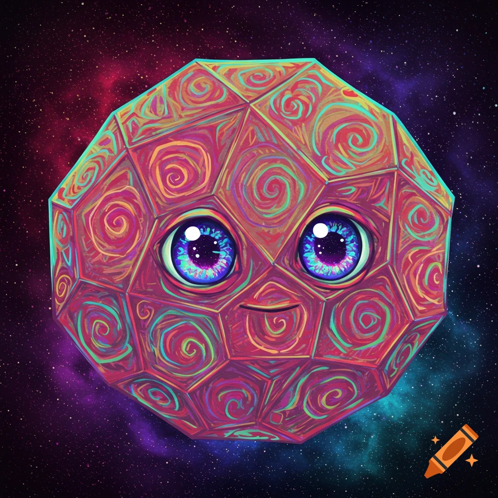 A colorful, smiling geometric creature with large eyes floats in space, covered in swirling patterns.
