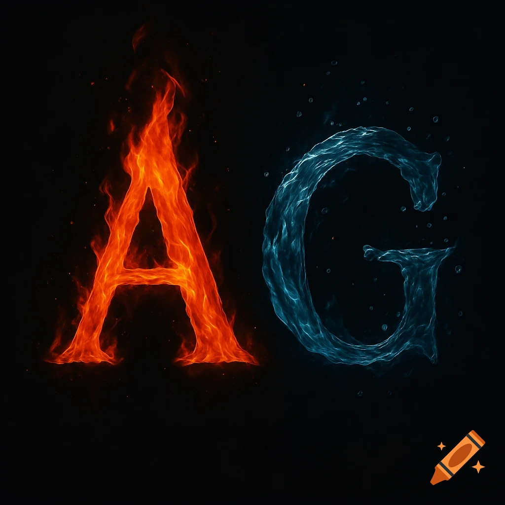 A fiery letter A beside a watery letter G on a black background.
