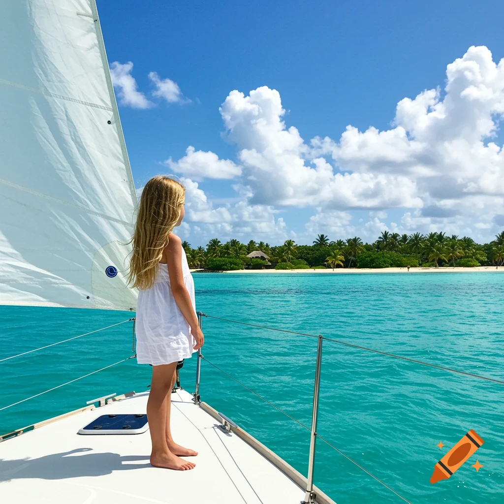 Side view of a girl on a sailboat looking at a tropical island