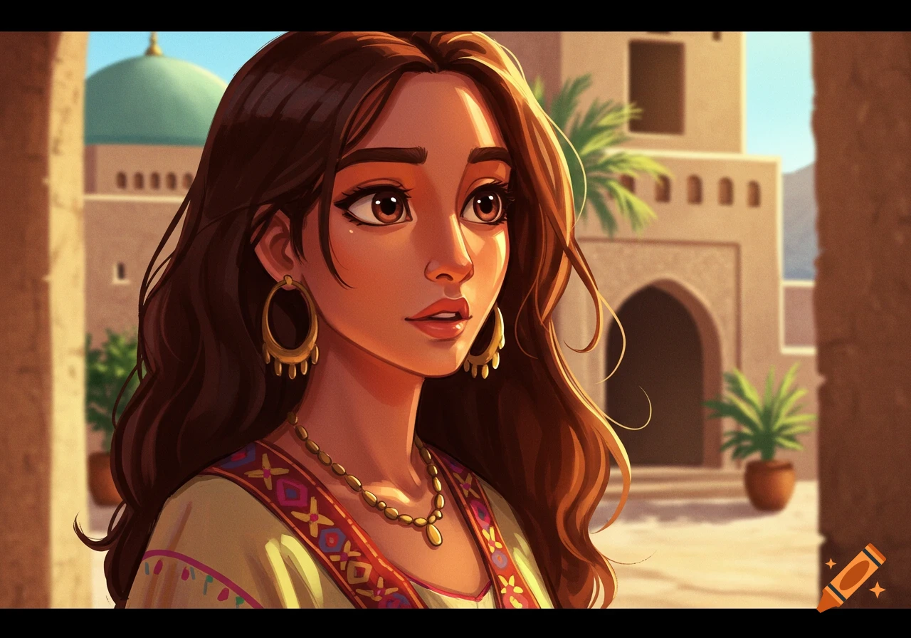 Illustration of a woman with dark hair and traditional clothing in a Middle Eastern setting.