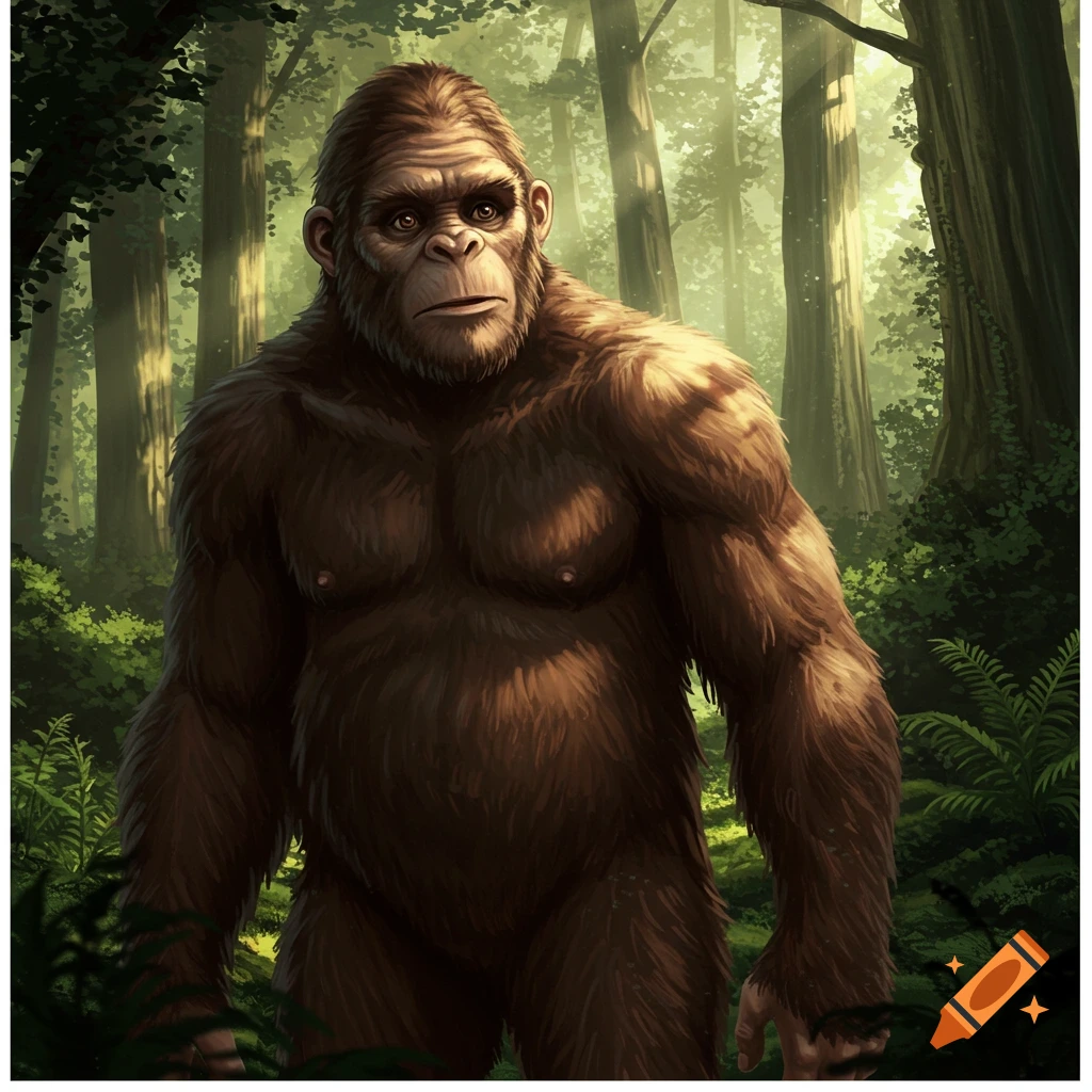 An illustration of a Bigfoot standing in a lush forest.