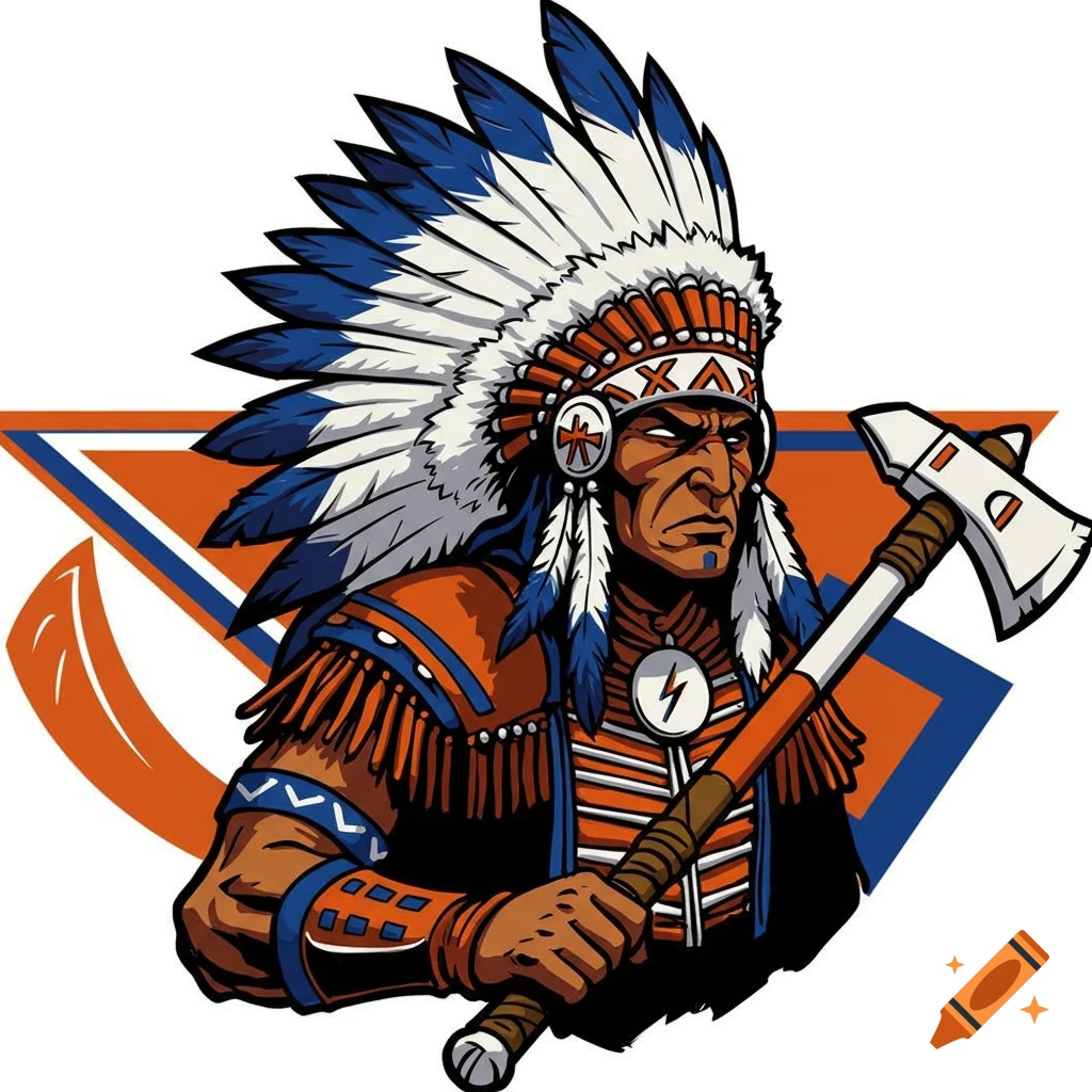 Stylized illustration of a Native American mascot wearing a headdress and holding a tomahawk.