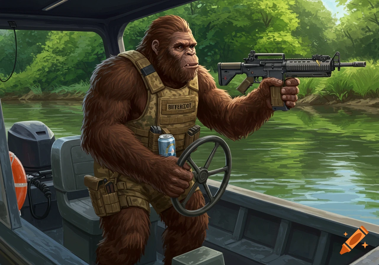 Illustration of a Bigfoot in a tactical vest holding an AR-15 and a beer while driving a boat on a river.