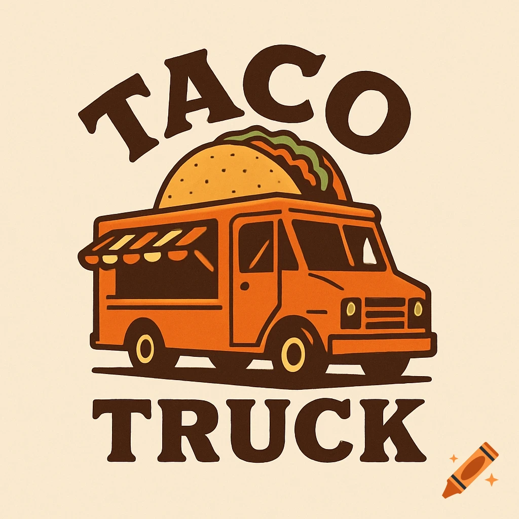 A stylized orange taco truck logo with a taco on top and text 'TACO TRUCK'.