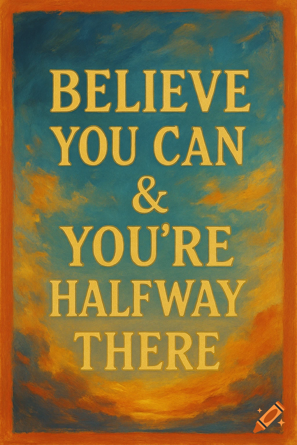 Motivational quote 'Believe you can & you're halfway there' on a textured background with painted sky and sunset colors.