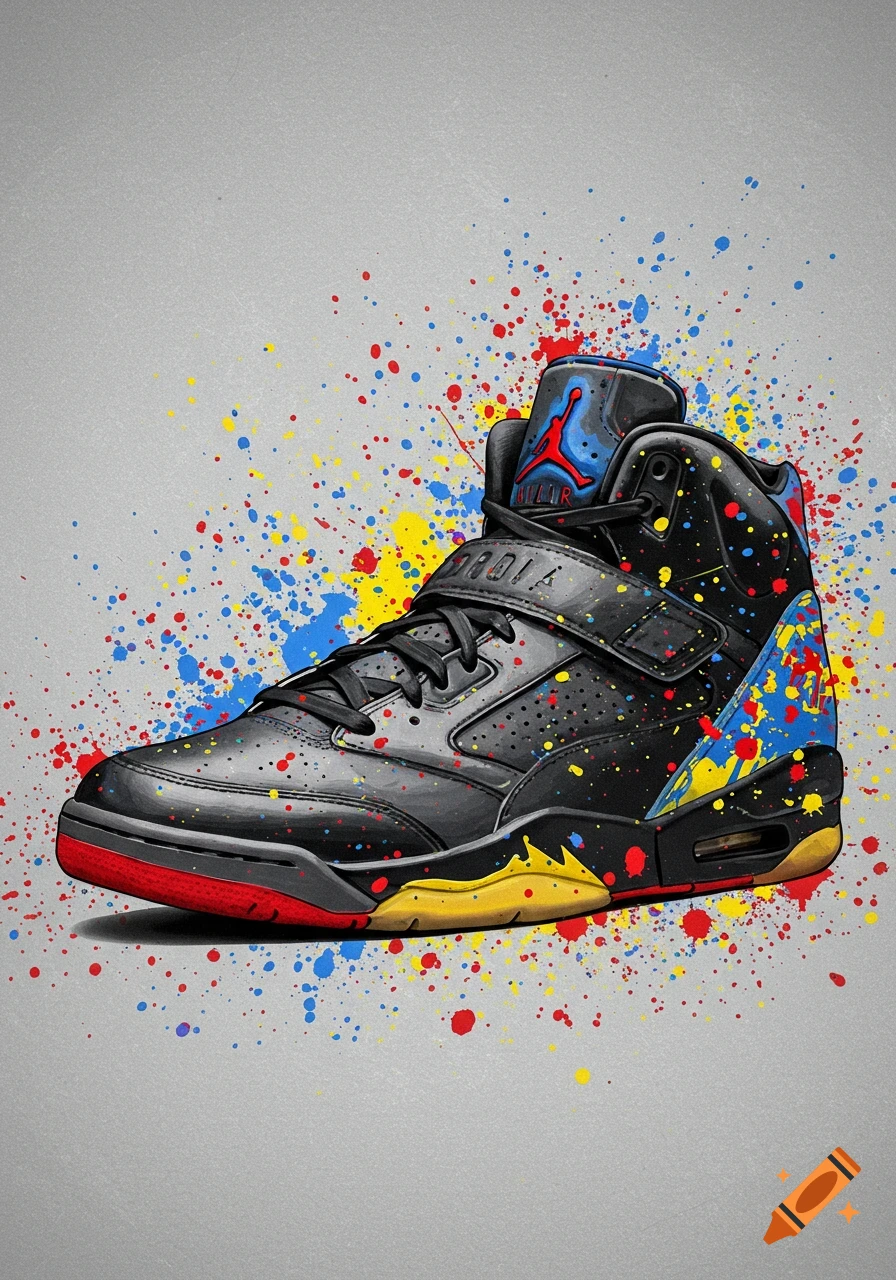 Black sneaker with red, yellow, and blue paint splatters on a grey background.
