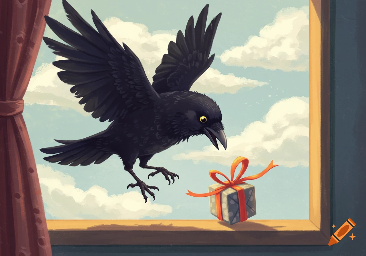 Stylized illustration of a crow delivering a gift to a windowsill.