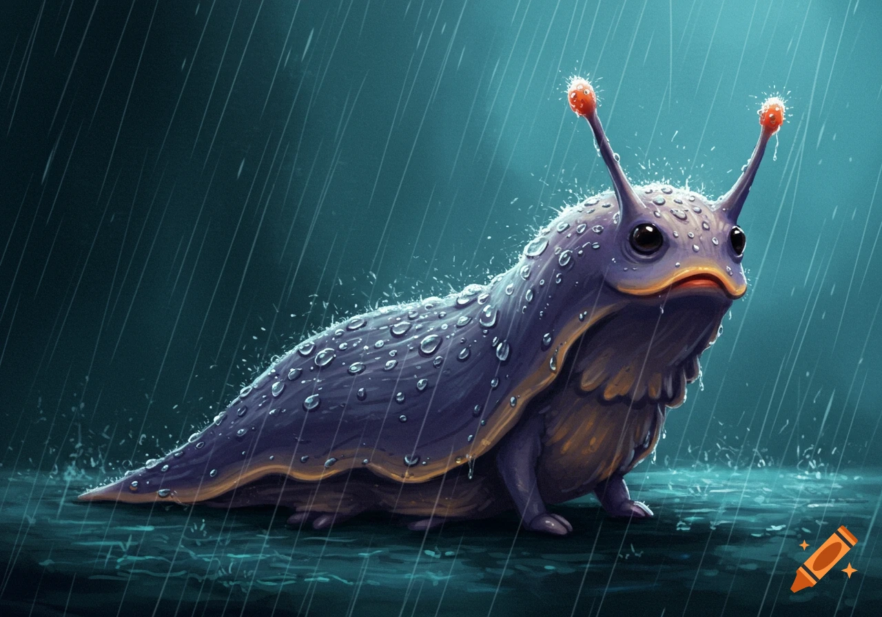 Purple slug-like creature covered in water droplets stands in heavy rain.