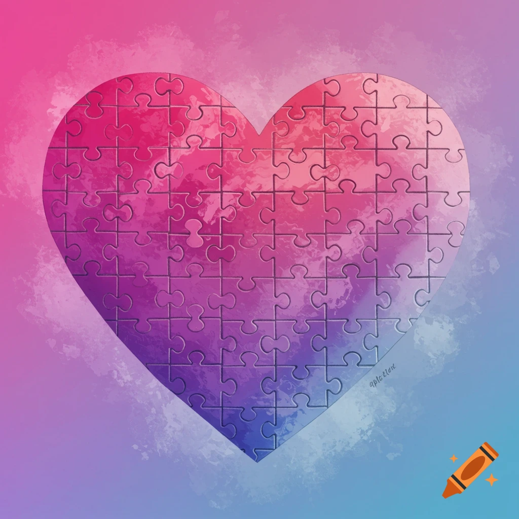 A heart-shaped jigsaw puzzle with a pink, purple, and blue gradient.