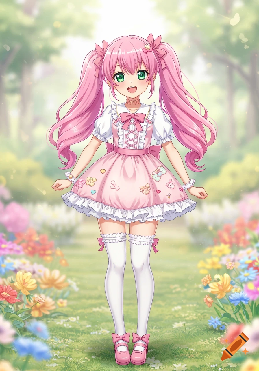 Anime girl with pink hair in pig tails and a pink dress standing in a ...
