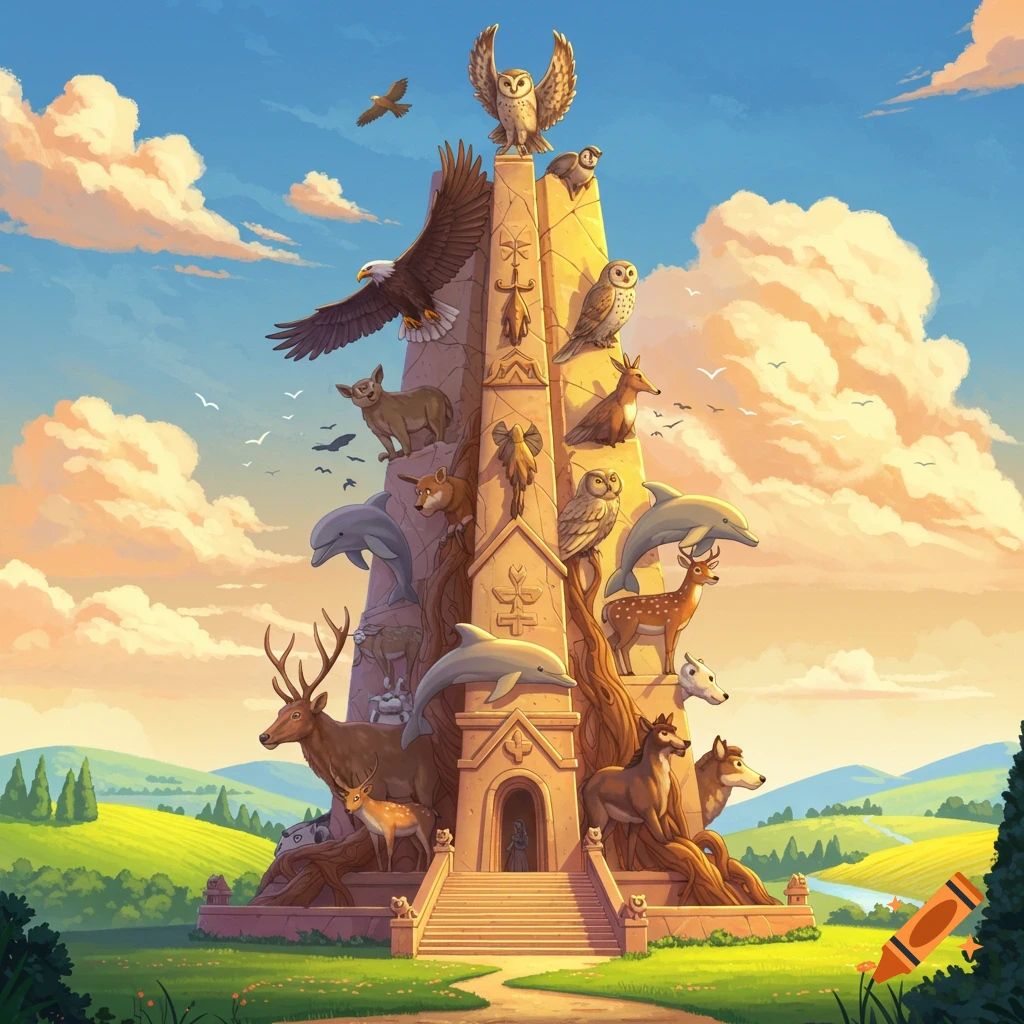 Digital illustration of a tall monument covered in animal figures in a sunny landscape.