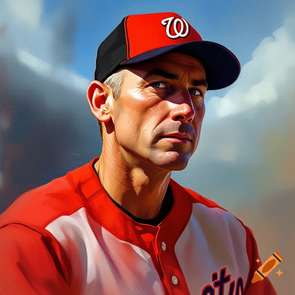 Stylized portrait of a man resembling Robert Oppenheimer in a baseball uniform and cap.
