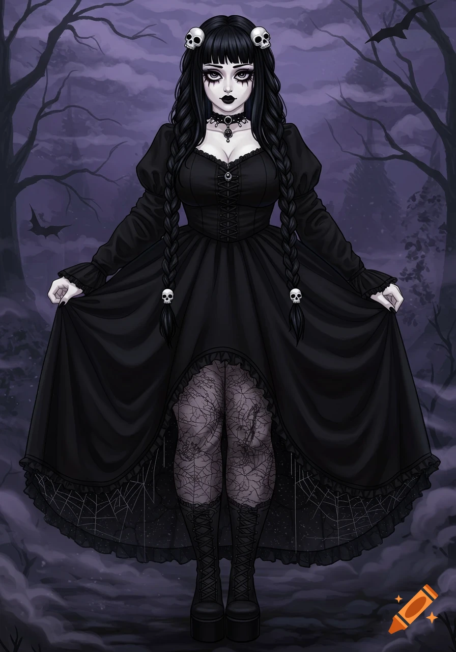 An anime-style drawing of a goth girl in a black dress with skull hair accessories, standing in a forest at night. Spiderwebs are visible on her tights and the dress trim.